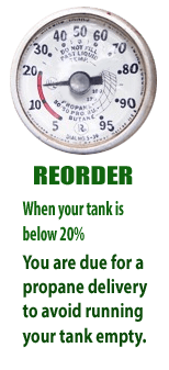Reorder - When your tank is below 20%, you are due for a fill.